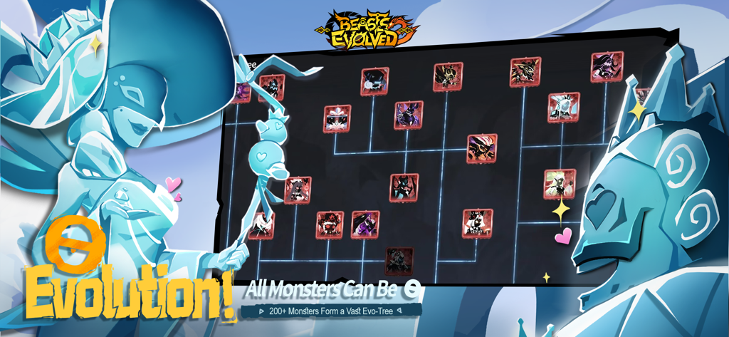 Screenshot of Beasts Evolved 2 showing a complex branching evolution tree for various monsters and a stylized blue character mascot.
