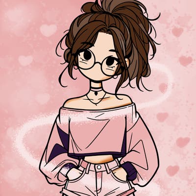 girl with a messy ponytail glasses a baggy crop top and jean shorts