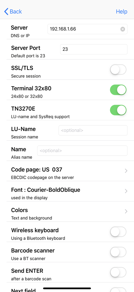 Configuration screen for TN3270 terminal emulator showing server IP, port, and security settings.