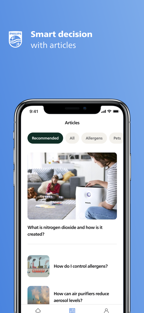 Smartphone-Bildschirm, der den Artikelbereich der Philips Air plus App mit Tipps zu Gesundheit und Luftqualität zeigt.