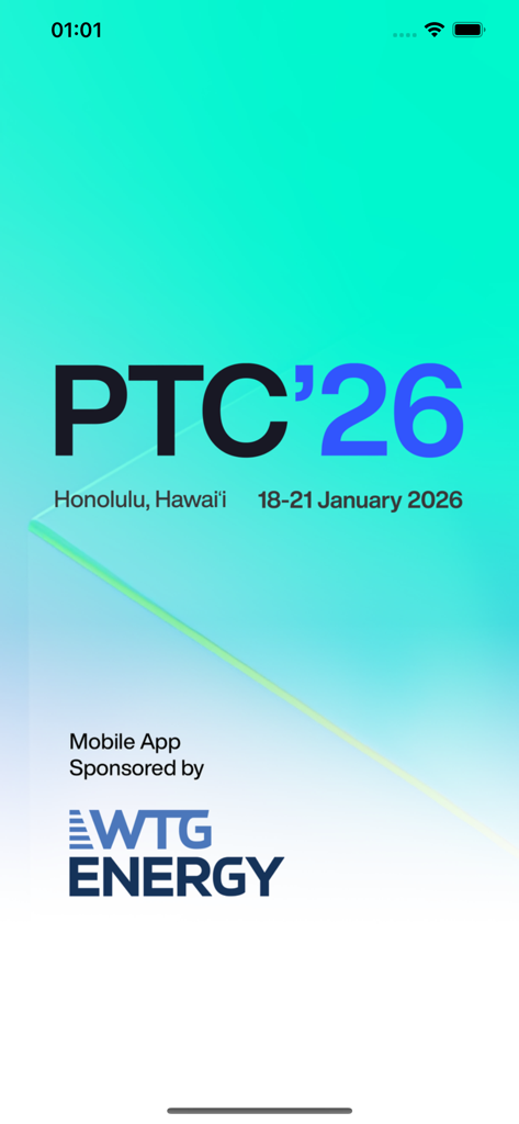 PTC 26 mobile app welcome screen with Honolulu event dates and sponsor WTG Energy logo