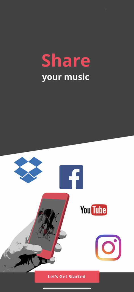 YouTube, Instagram, Facebook 및 Dropbox로의 음악 공유를 홍보하는 Yamaha Rec n Share 앱 화면