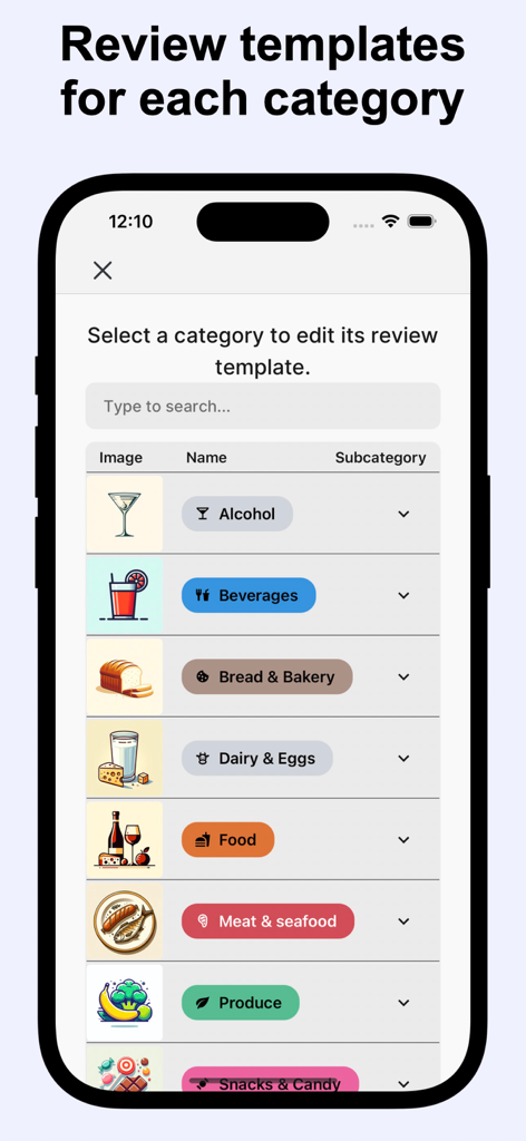 Memolli: all your reviews - Memolli app screen showing various food and drink categories for review templates