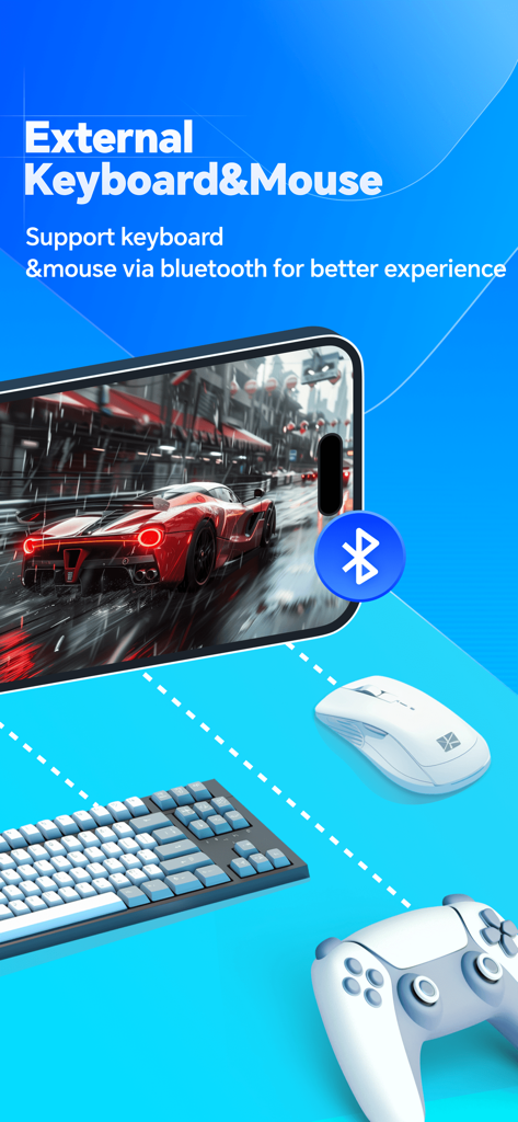 A smartphone running a racing game via OSLink with connected Bluetooth keyboard mouse and game controller