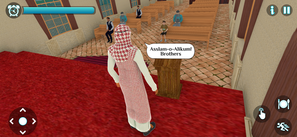 A character in a mosque greeting others with Asslam-o-Alikum in the Muslim Sim game