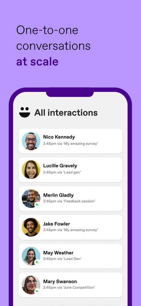 VideoAsk (by Typeform) - VideoAsk interface showing a list of one to one business conversations