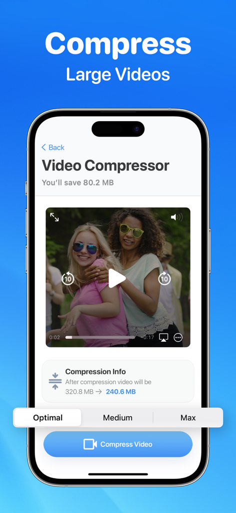 CleanUp Storage: Phone Cleaner - La interfaz del Compresor de Video de la app CleanUp Storage mostrando cómo ahorrar espacio reduciendo el tamaño de los archivos de video.