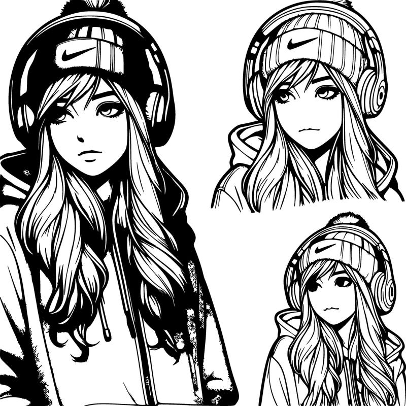 realistic girl wearing headphones, a hoodie, a beanie, and nikes