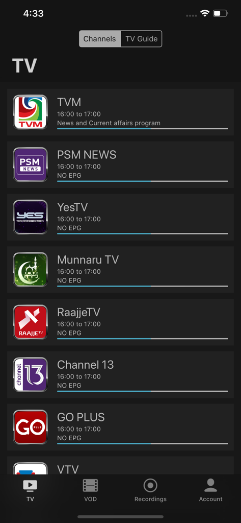 PSM Connect TV app interface displaying a list of Maldivian TV channels like TVM, PSM News, and YesTV with program schedules.