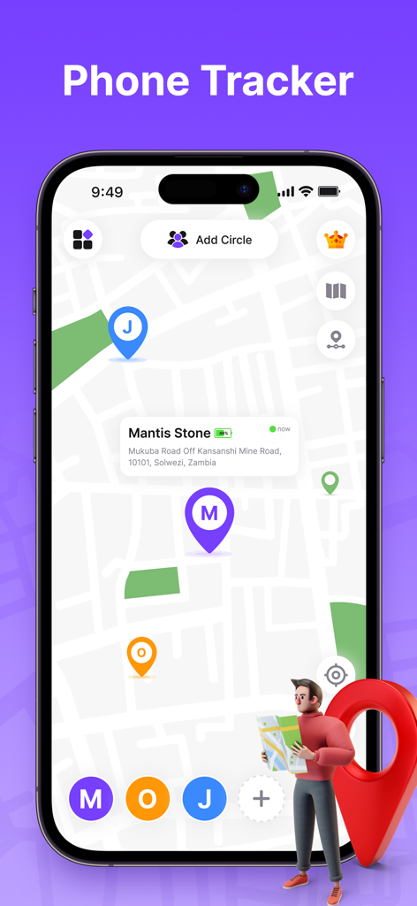 Findmykids - GPS Phone Tracker - SafeTrack app map interface showing real-time location tracking of family members with battery status and circle pins