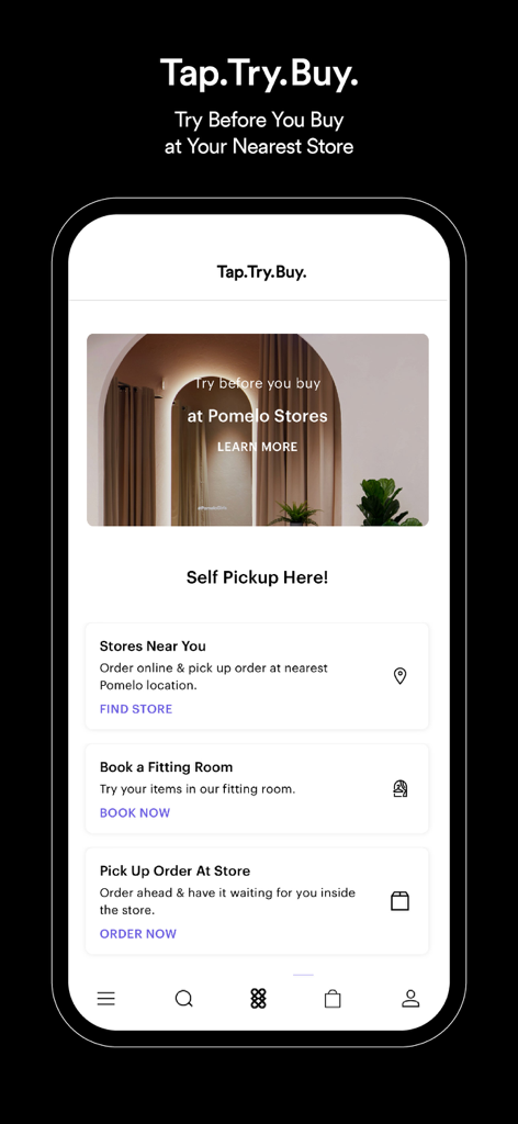 Pomelo Fashion app screen showcasing store pickup and fitting room booking services.