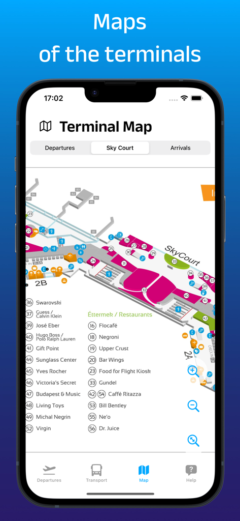 Mappa del terminal dell'Aeroporto di Budapest con la posizione di negozi e ristoranti