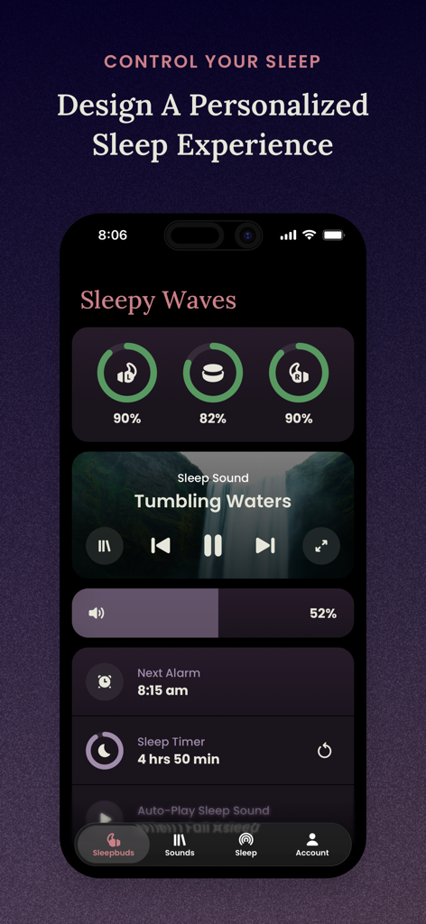 Ozlo Sleepbuds App-Oberfläche mit personalisierten Schlaf-Einstellungen und Ohrhörer-Batterieständen.
