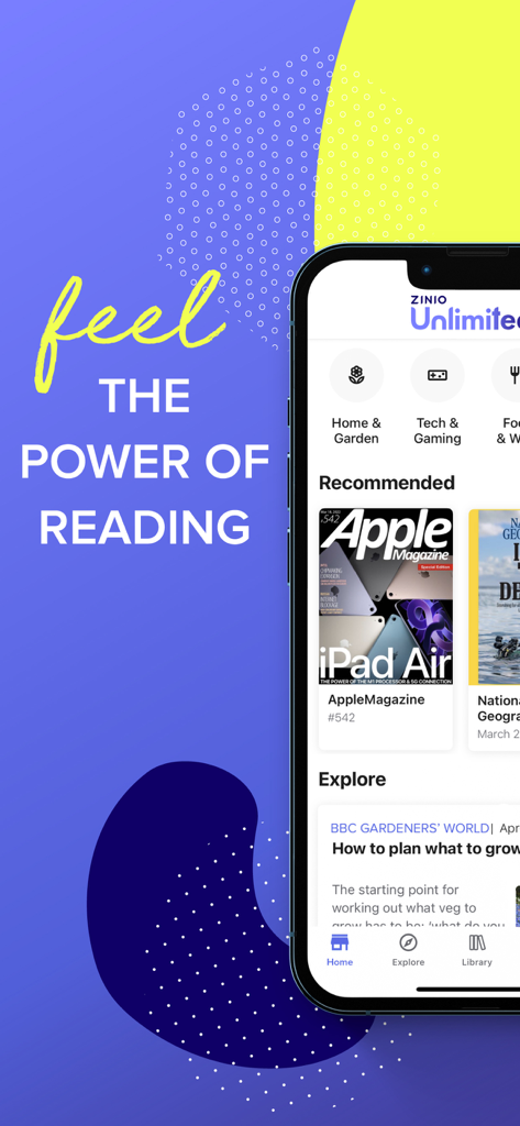 ZINIO Unlimited - ZINIO Unlimited app interface displaying magazine recommendations like Apple Magazine and BBC Gardeners World