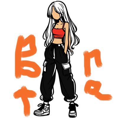 girl in baggy pants crop top and long hair