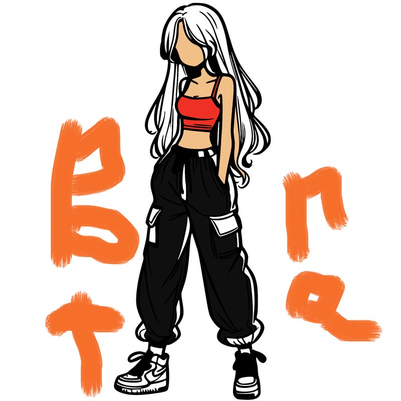 girl in baggy pants crop top and long hair