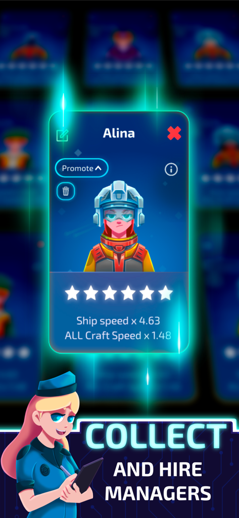 Idle Planet Miner - Profilo di manager a sei stelle per Alina in Idle Planet Miner che mostra bonus di velocità delle navi e di creazione