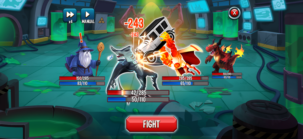 Monster Legends - Battle Game - Una escena de batalla RPG por turnos en un laboratorio con diversos monstruos y barras de salud.