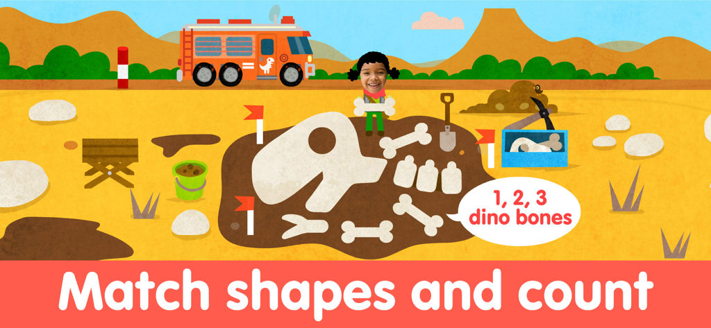 Dinosaur Puzzle Kid Dino Game - Un personaje infantil construyendo un puzzle de esqueleto de dinosaurio con una actividad de conteo