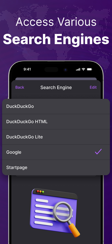 A screenshot of the TOR Browser app displaying a menu of various search engine options including DuckDuckGo and Google