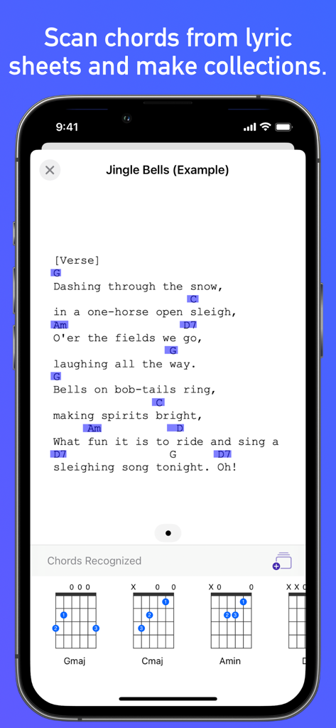 GtrLib Chords - GtrLib Chords app interface showing guitar chords recognized from a lyric sheet of Jingle Bells.