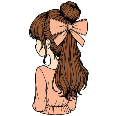 realistic girl  with hip length hair a bun and a big bow on the back of head