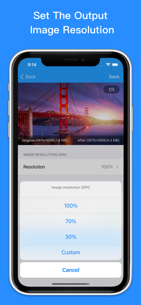 Photo Compress - Resize Image - Interface mostrando opções de resolução de imagem e DPI no aplicativo Photo Compress