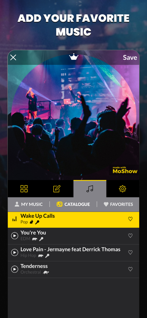 MoShow Slideshow Maker Video - Ajout de musique à un diaporama dans l'application MoShow, montrant un catalogue de chansons et un aperçu vidéo