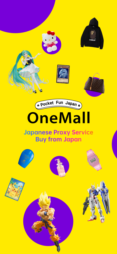 OneMall app interface featuring Japanese collectibles like anime figures luxury bags and streetwear