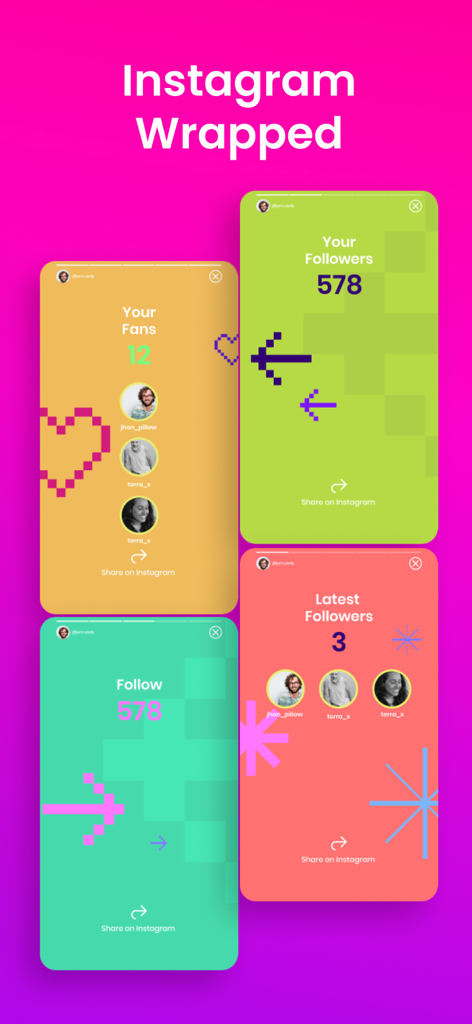 Tracker for Instagram MyFollow - Four colorful social media analytics cards displaying fan counts, total followers, and recent follower activity in an Instagram Wrapped style format.
