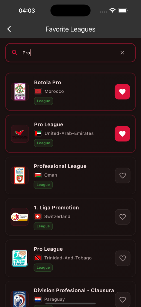 Football leagues selection and search screen in Ostora TV app