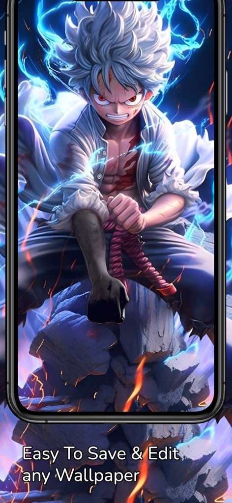 Anime Wallpaper 4k  - Otaku - iPhone screen displaying a high quality Gear 5 Luffy anime wallpaper with text about easy saving and editing