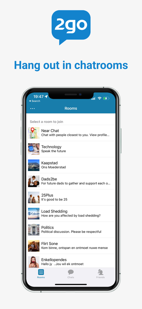 2go Chat app interface showing various community chatrooms for topics like technology and South African culture.