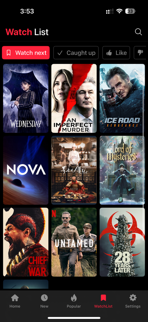 Movie Boxアプリのパーソナルウォッチリスト画面。映画やテレビ番組のポスターを表示しています。