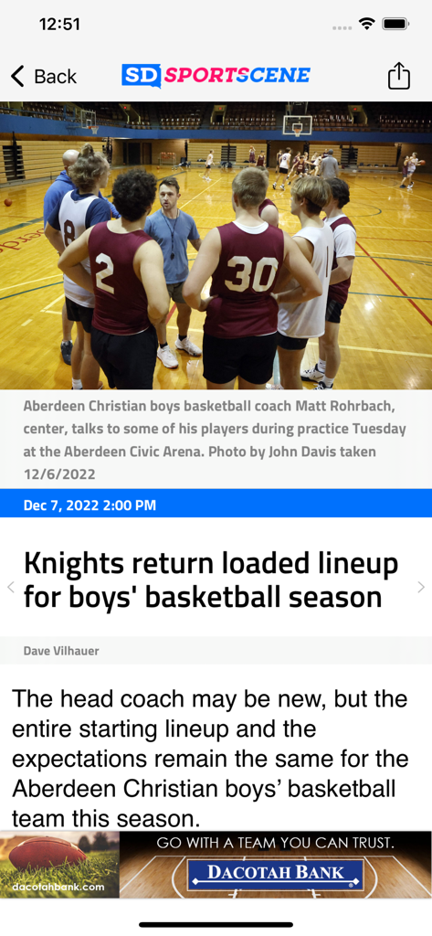 SD SportScene - A news article on the SD SportScene app featuring the Aberdeen Christian boys basketball team during practice.