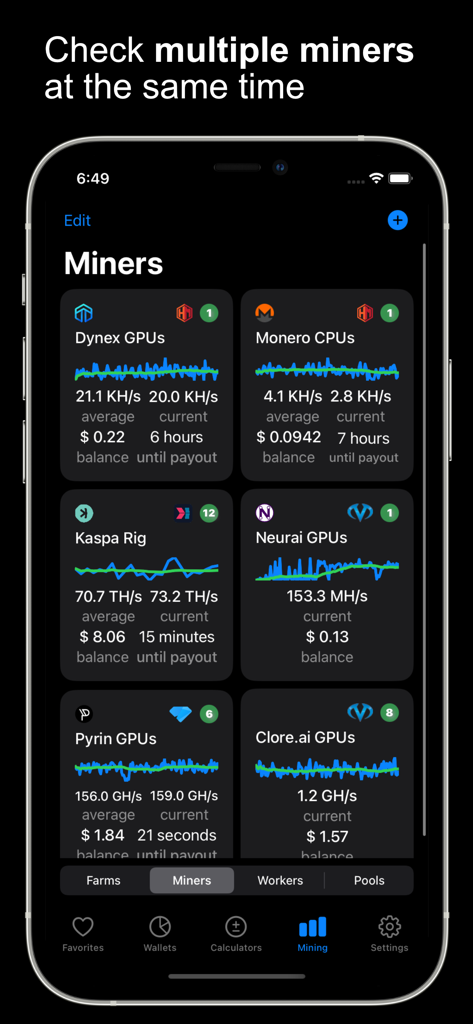 Hashrate - The Hashrate app dashboard on iPhone showing real-time monitoring of multiple crypto mining rigs including GPU and CPU hash rates and earnings.