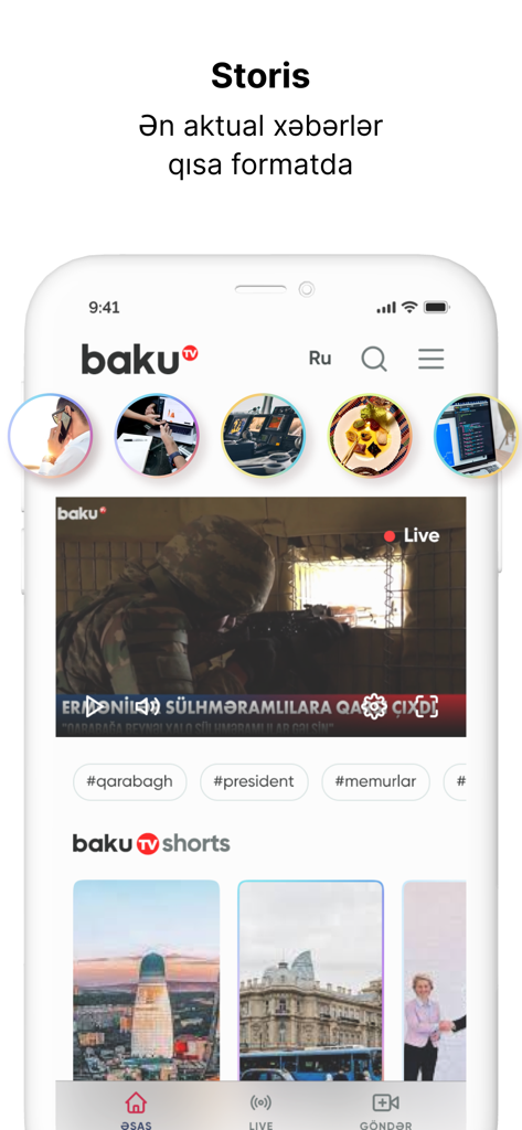 Baku.TV - Baku TV mobile app interface showing news stories and short video clips from Azerbaijan.