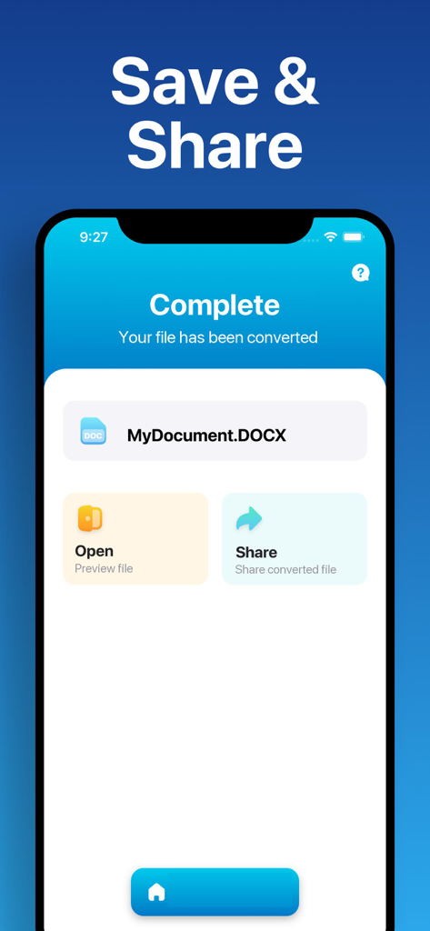 The Document Converter - Pantalla de la aplicación El Convertidor de Documentos que muestra un documento DOCX convertido con éxito con opciones para abrir y compartir.