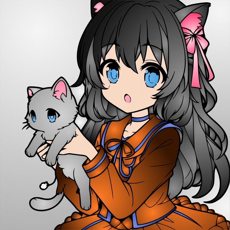 an anime girl holding a kitten