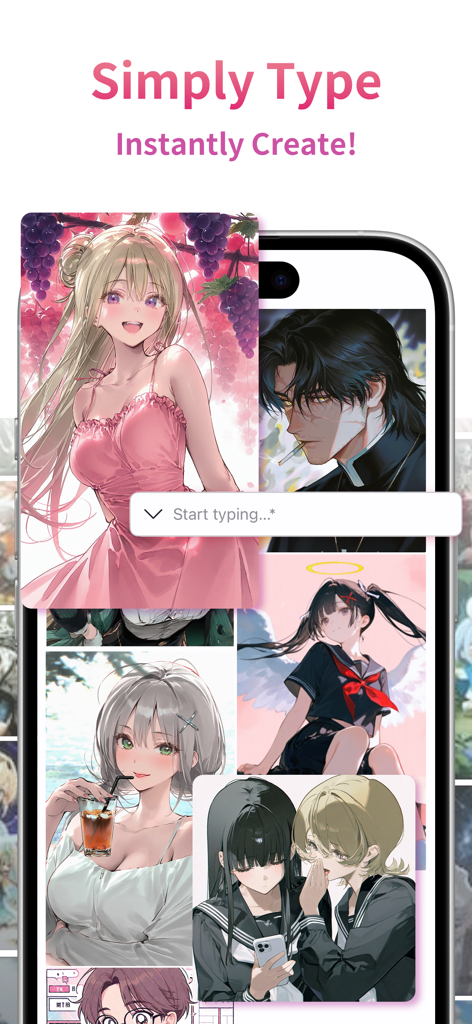 PixAI - AI Anime Art Generator - Eine mobile Oberfläche für PixAI, die KI-generierte Anime-Charaktere und ein Texteingabefeld anzeigt.