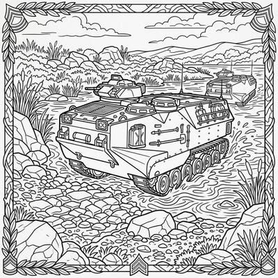 Embark on an exciting coloring adventure with this detailed scene of amphibious assault vehicles. Experience the power and versatility of military engineering as these robust machines navigate both land and water.