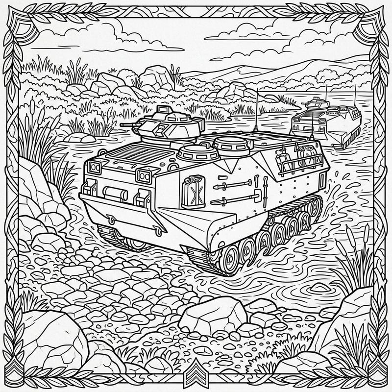 Embark on an exciting coloring adventure with this detailed scene of amphibious assault vehicles. Experience the power and versatility of military engineering as these robust machines navigate both land and water.