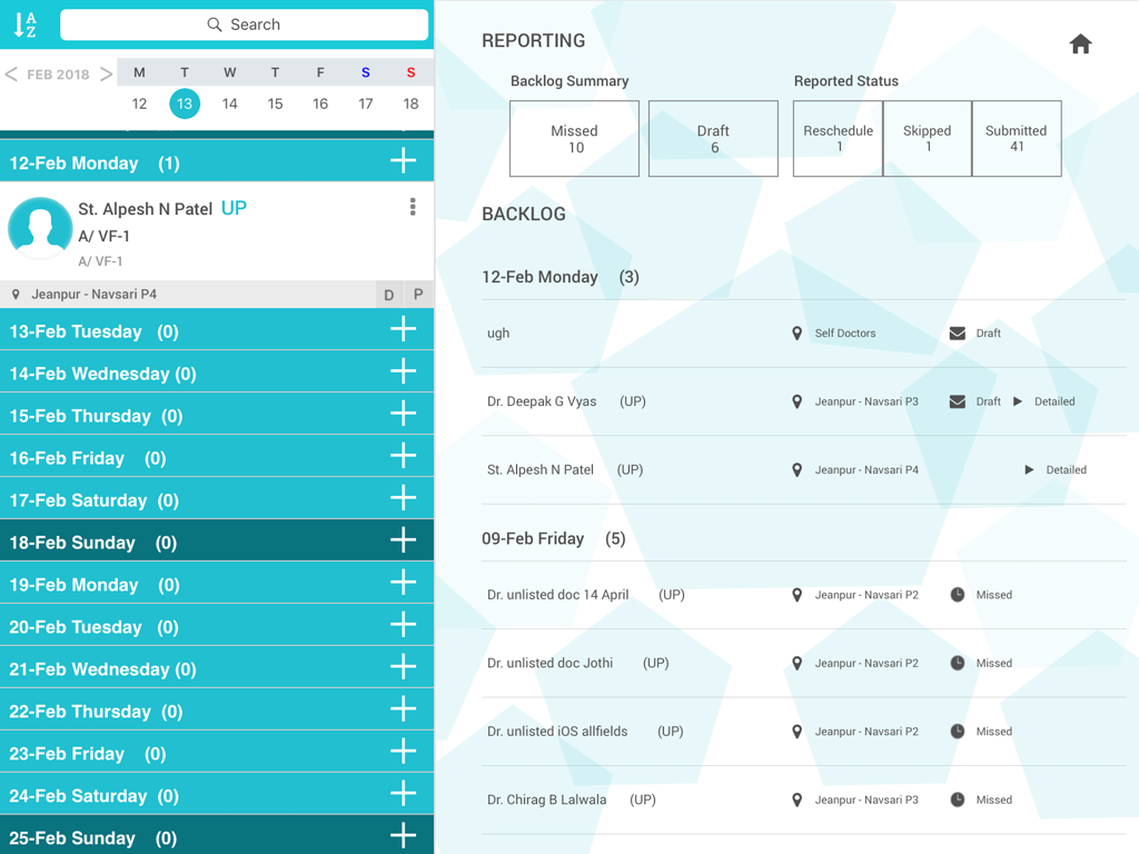 Phyzii Tab - Phyzii Tab dashboard displaying pharmaceutical sales reporting status and backlog summary