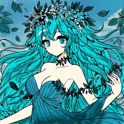anime beautiful goddess of earth, with long hair, covered in vines, surrounded by nature