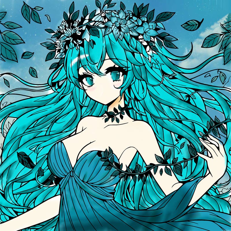anime beautiful goddess of earth, with long hair, covered in vines, surrounded by nature