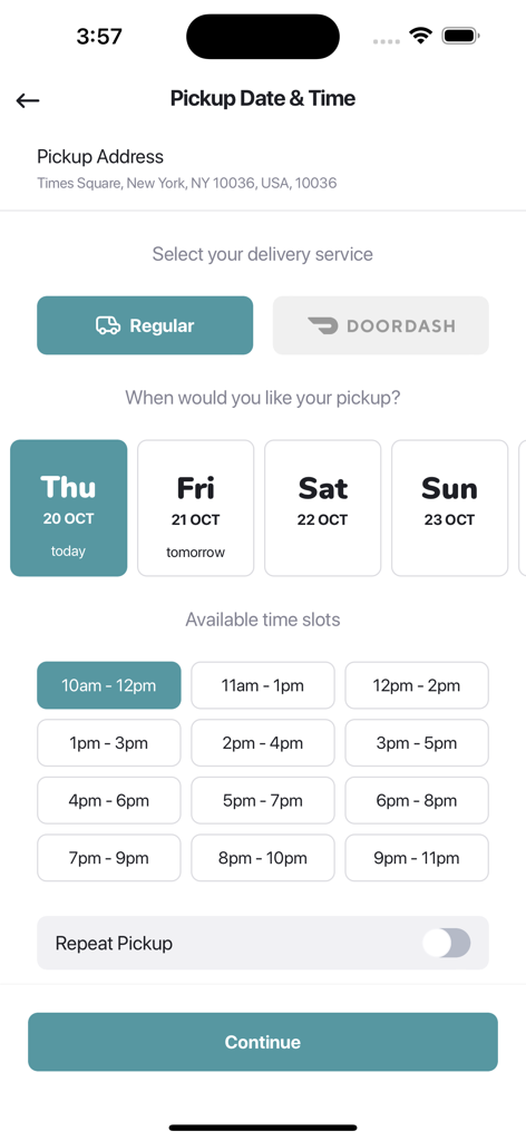 Load Laundromat - Scheduling screen for Load Laundromat laundry pickup with date and time slot options