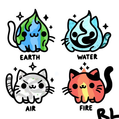 4 cats that represent the different elements, earth, water, air, and fire