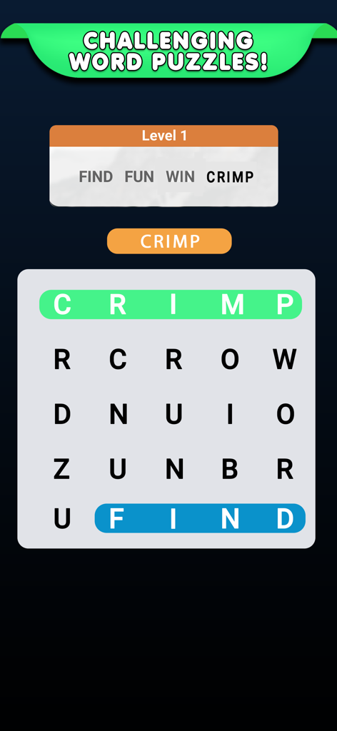 A word search mobile game screen showing a 5x5 grid with highlighted words and a list of target words to find