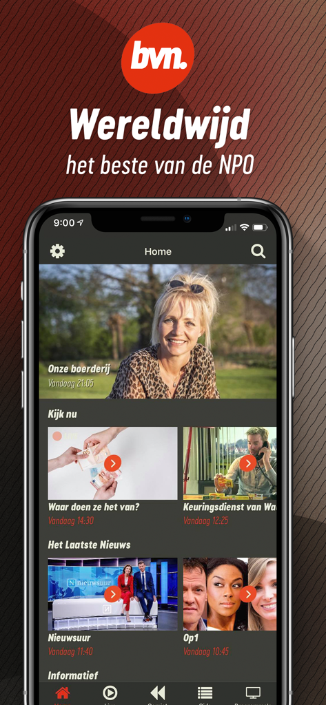 BVN Live mobile app home screen with Dutch television shows.