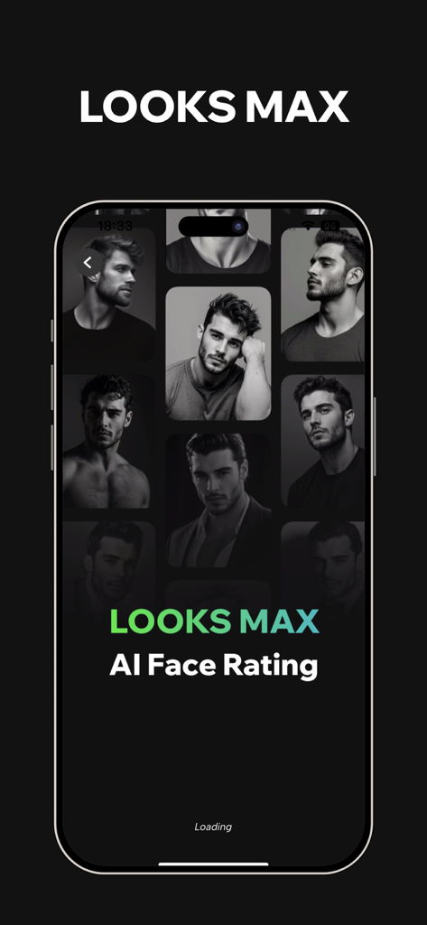 AnimalFace - looksmax ai score - Smartphone screen displaying the LOOKS MAX AI Face Rating feature with a grid of black and white male portraits.